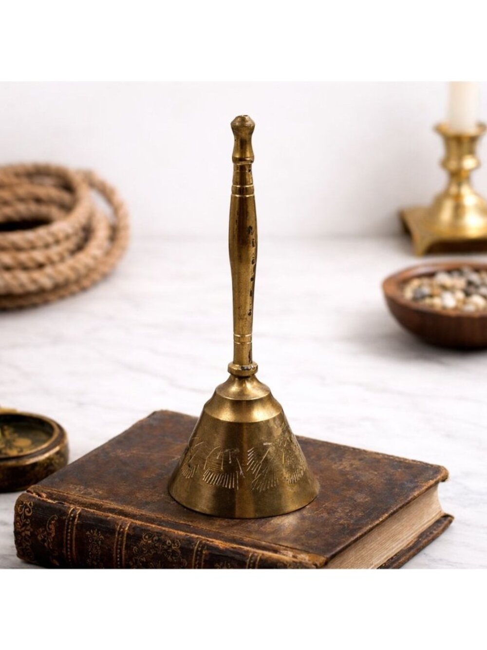 Vintage Engraved Brass Hand Bell 6" Ornate Decorative Farmhouse Bell